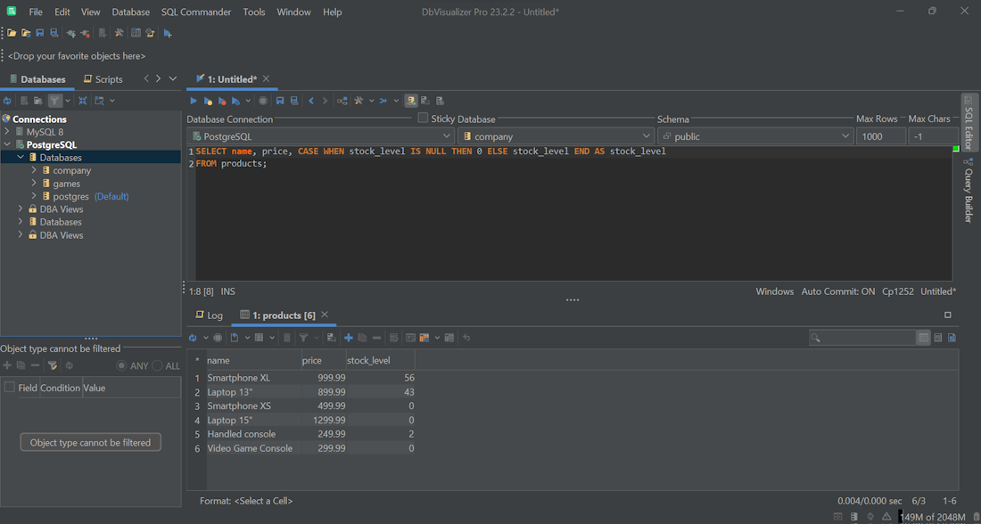 Executing the equivalent query in DbVisualizer.
